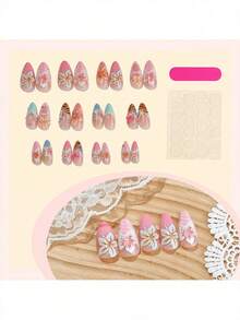 24片装前卫西部杏仁形美甲贴片：3D哑光花卉和虎纹撞色渐变美甲贴纸 - 彩色 - 查看 5