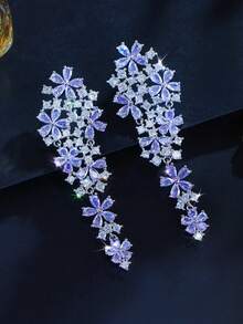 1 Pair Light Purple Cubic Zirconia Flower Cluster Long Chandelier Drop Earrings, CZ Dangle Silver Plated Wedding Elegant Jewelry For Women Brides Bridesmaids Engagement Banquet Pageant Party Prom To Bridal Girlfriends Fiancee Wife Gift - Mauve Purple - View 8