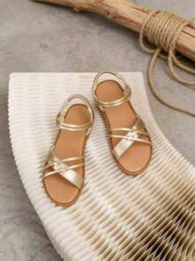 Children's Gold Criss-Cross Roman Sandals, Suitable For Summer And Holiday Activities - Champagne - View 4
