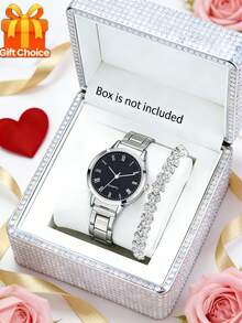 2/1pc Girl's Fashion Business Luxury Casual Round Dial Quartz Watch, Paired With Crystal Decor Bracelet Set, Suitable For Daily Wear, Girls' Accessories, Birthday & Holiday Gift, Suitable For Celebration, Gathering, Gift Giving, Party Decoration, Perfect Gift For Girls On Valentine's Day And New Year - Multicolor - View 1