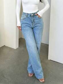 Women's Retro Minimalist Elastic Waist Loose Straight Leg Jeans Casual - Medium Wash - View 4