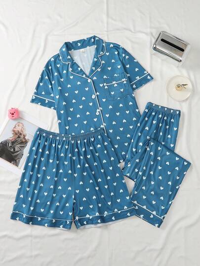 Women's Pajama Set With Collar, Pockets, Heart Print, Short Sleeve Top And Pants, Comfortable And Cozy For Summer Home Wear