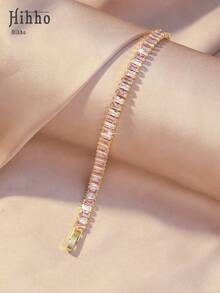 Hihho 1入組奢華方晶鋯石裝飾手環適合女士適合派對 - 粉色 - 查看 11