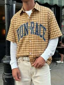 Men's Slim Fit Plaid Shirt, Khaki & Orange Letter Print Shirt, Retro Streetwear Style Top, Fashionable Loose Fit For Summer - Multicolor - View 3