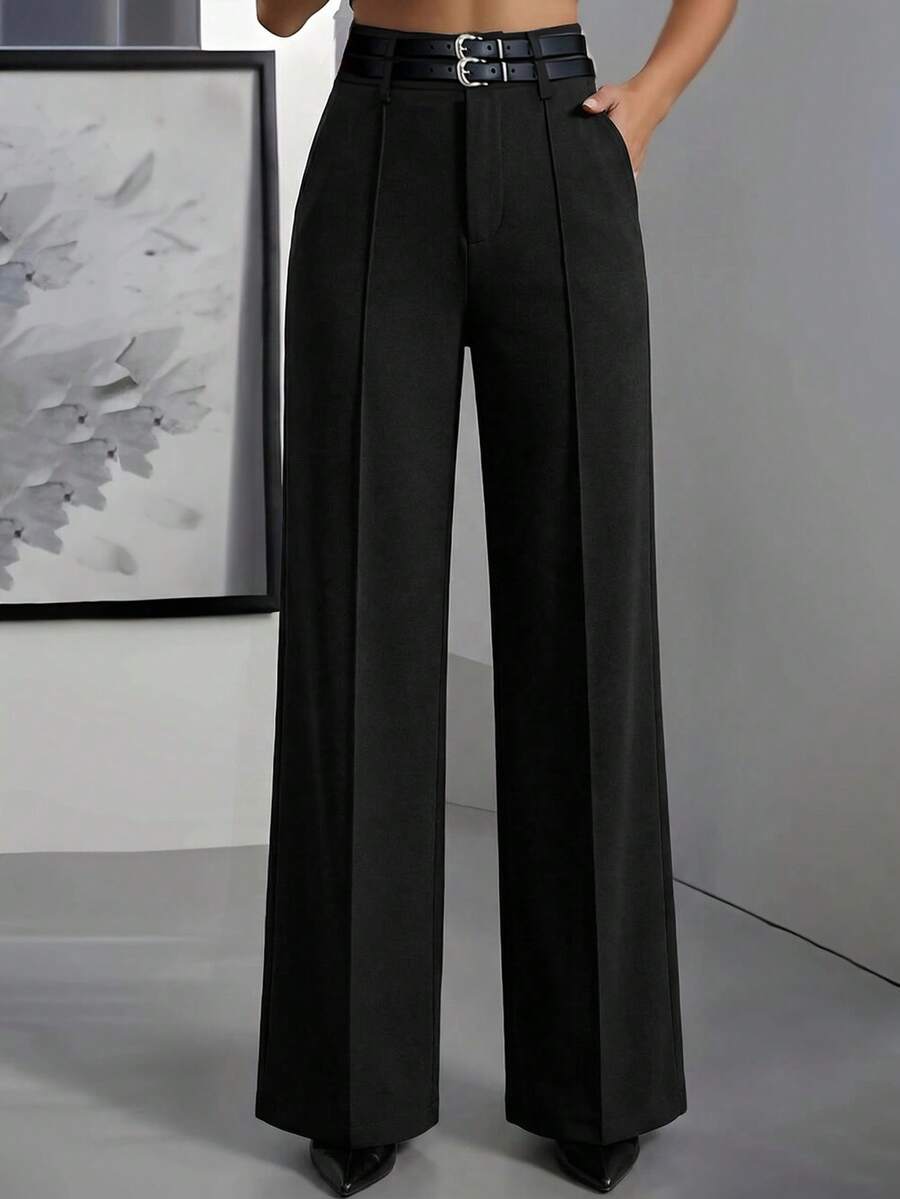 女士优雅黑色直筒裤（不含腰带），适合办公室、通勤、日常穿着，四季皆宜 - 黑色 - 查看 1