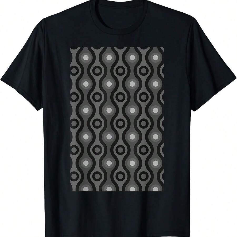 1960's RETRO WAVE AND CIRCLE PATTERN GRAY AND BLACK T-Shirt - 粉色 - 查看 1