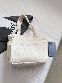 Bolso de lona tipo tote de gran capacidad de la marca X Milania para mujeres, reutilizable, adecuado para uso diario y viajes, bolso de estudiante, diseño de múltiples compartimentos, ideal para la playa - Beis - Ver 11