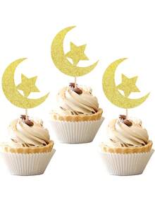 12/24 pièces Décorations de gâteau en forme d'étoiles et de lune, convenant pour les mariages, les anniversaires et autres célébrations. Décorations de crème, décor de fête islamique, fournitures de célébration des fêtes, outils de décoration de gâteau en métal brillant - étoiles lune - Voir 9