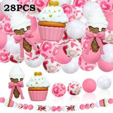 25/28颗粉色冰淇淋、蝴蝶结、爱心硅胶珠套装，搭配彩色爱心和甜甜圈图案圆珠，适合制作首饰、耳环、项链、包包、笔、手机链、化妆刷等DIY饰品，是返校季、节日、生日礼物的理想之选。