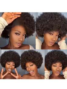 Afro Kinky Curly 13x4 Lace Front Wig For Women - 150% Density Human Hair Wig, Preplucked Realistic Hairline & Glueless Design, Natural Kinky Edges, Suitable For Everyone, Everyday Style Wig - Multicolor - View 3