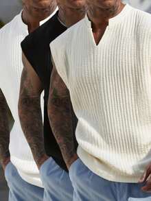 Bộ 3 áo tank top nam cổ chữ V không tay, áo tank top xếp ly có họa tiết, chống nhăn, dễ bảo quản, đơn giản và đa năng, thích hợp để mặc nhiều lớp vào mùa hè, mặc hàng ngày và đi làm. - Nhiều màu - Xem 6