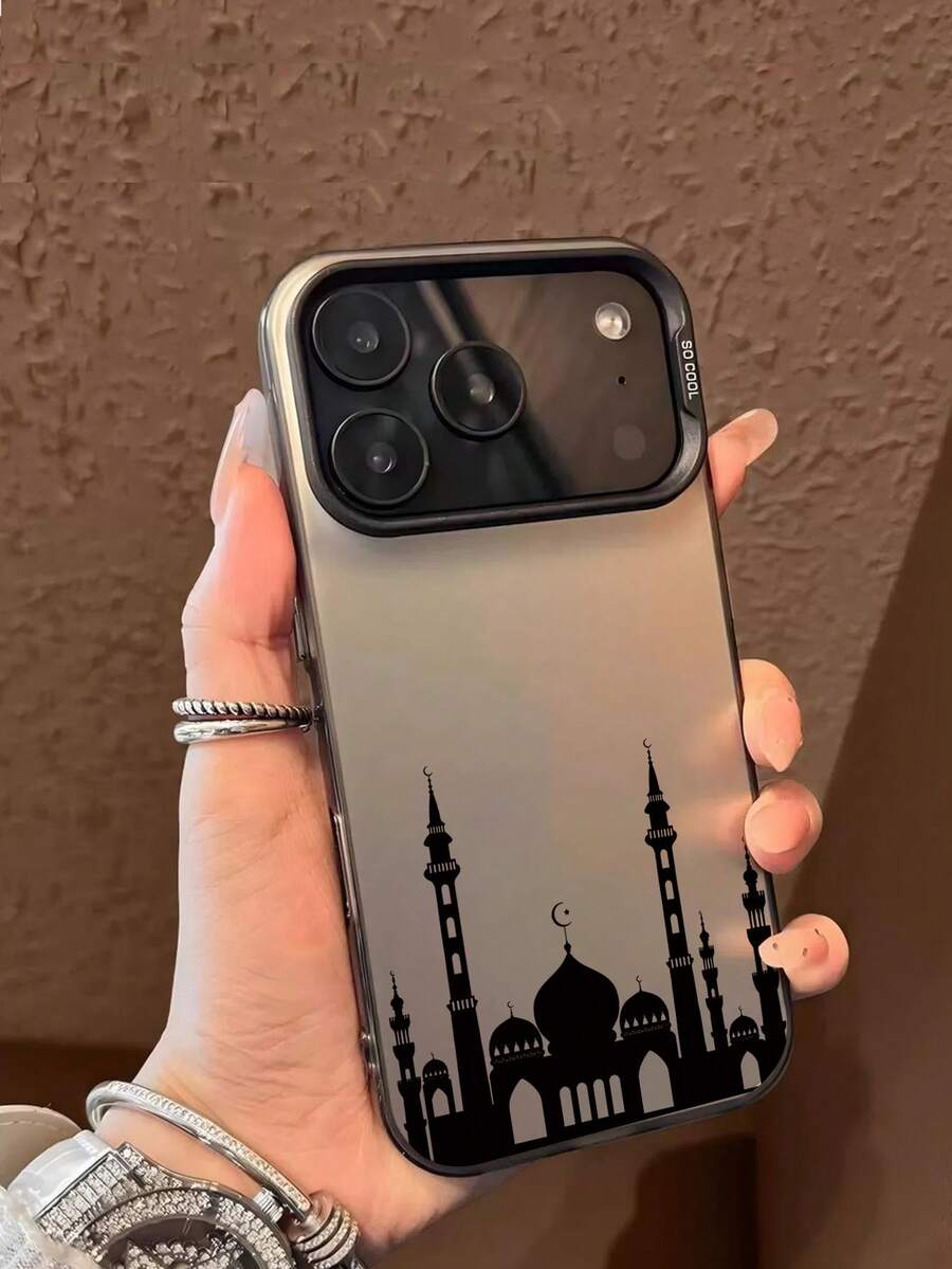 中东极简主义伊斯兰清真寺剪影渐变图案手机壳,图案手机壳,全新创意时尚IMD激光手机壳系列,经典混合材质手机壳,防震防滑,兼容 - 黑色 - 查看 1