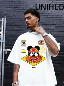 Disney UNIHLO  Street Life Men's Casual Loose  Mickey  Cartoon  Print Short Sleeve T-ShirtSummer - trắng - Xem 3