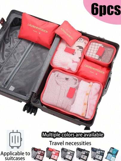 6pcs/1set Travel Luggage Organizer Bags, Waterproof Handbag, Packing Cubes For Clothes, Shoes, Cosmetics, Toiletries, Toothbrush Cup, Ideal For College Dorm, School, Vacation, Beach, Home, Bedroom, Living Room, Large Capacity Travel Bag