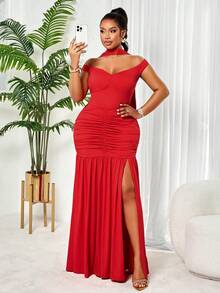 BIUBIU Elegant Red Maxi Dress For Women, Off Shoulder Ruched Mermaid Dress With High Slit - Red - View 6