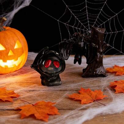 2pcs Halloween Mini Resin Ghost Figurines - Single Set (Black Ghost + Bat Tree), Decorative Tiny Ghost Ornaments Suitable For Mini Landscape, Creative DIY Decor, Home And Office, Perfect Gift. Applicable For Christmas, Halloween Decor, Autumn Home Decor Collection