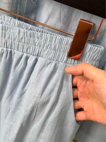 Linen Shirt And Pants Set (2 Pieces), Lined With Elastic. - Celeste - Ver 3