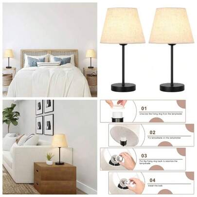 Bedside Table Lamps Set Of 2, Vintage Lamp Small Desk Lamps With Linen Fabric Lampshades And Metal Base, On - Off Switch, Pair Of Side Lamps Bedroom, Living Room, Office