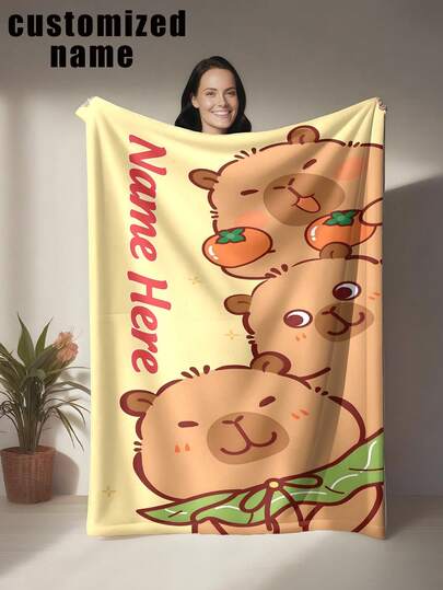 1 pieza Manta con tema de Capibara, personalizable con nombre propio, estilo general fresco y suave - Lavable a máquina, tela de poliéster, apta para todas las estaciones, manta de estilo moderno de impresión digital multiusos, aplicable para sofá, cama, coche, sala de té, dormitorio, baño, sala de estar, comedor, oficina, etc.