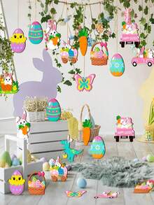 12/24pcs Easter Tree Decoration Set, Happy Easter Wooden Hanging Ornaments With Eggs And Rabbits, Gnomes And Chicks Wooden Pendants With Strings, Home Spring Party Decor Gifts (Rabbit Theme) - Multicolor - View 4
