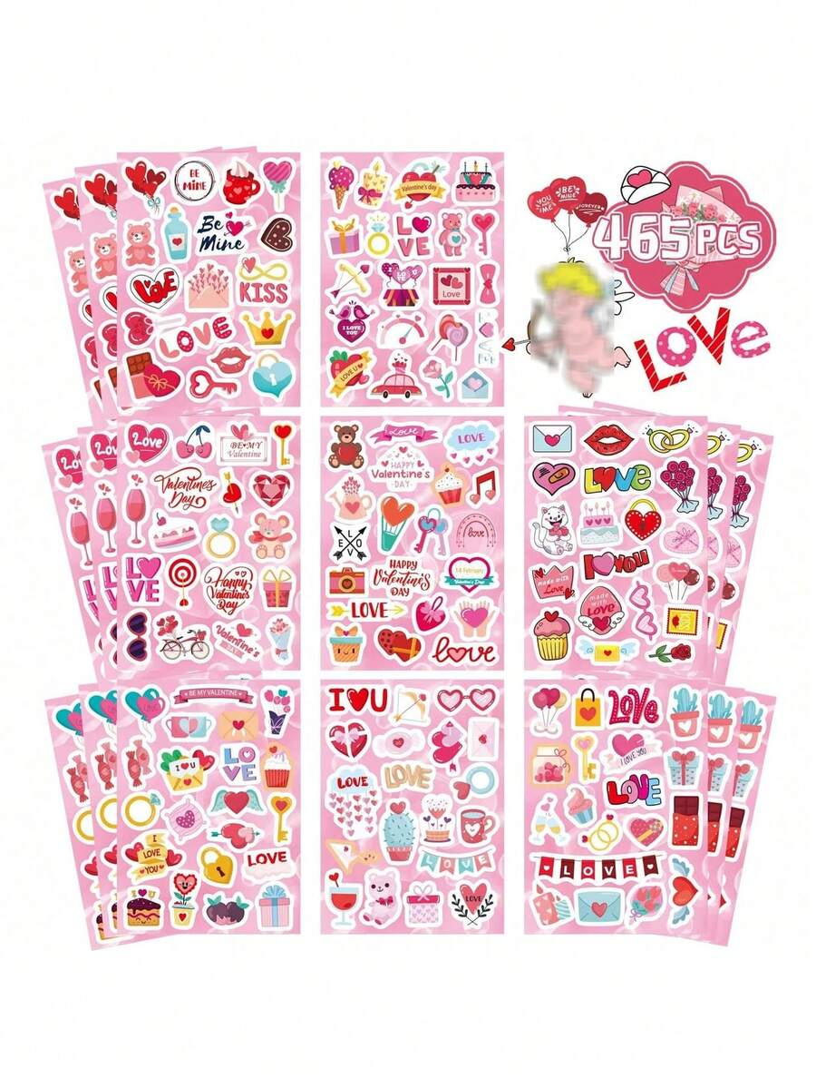 465pcs Valentine's Day Stickers - Kids Valentine's Day Stickers, Heart Stickers, Cute Heart-Shaped Stickers, Valentine's Day Themed Stickers, Party Favors, Decorations - Multicolor - View 1