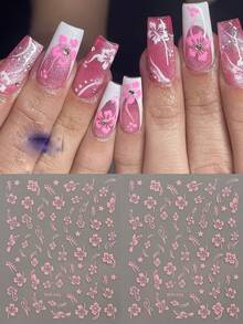 2 piezas Pegatinas de arte de uñas 3D de flor de hibisco, calcomanías de uñas florales rosa y blancas, láminas de uñas de hojas tropicales para el verano - Multicolor - Ver 10