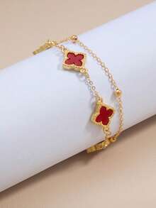 1pc Lucky 5-Leaf Clover Casual/Business Style Bracelet For Men, Daily Wear & Gift (No Gift Box, Random Number Of Beads On First Layer) - Red - View 2