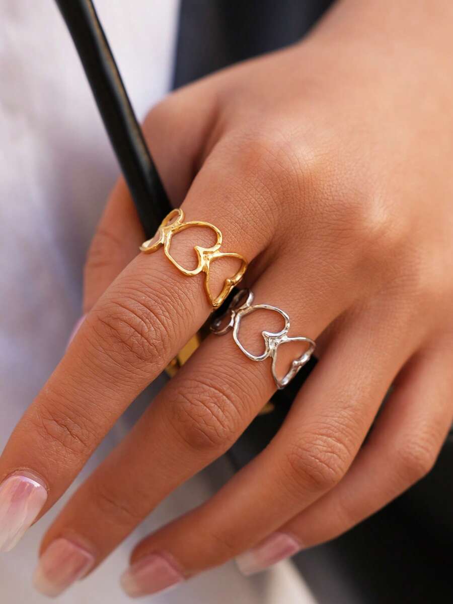 Frminee 2枚/1枚简约可爱爱心18k镀金几何不锈钢戒指，叠戴式个性结婚承诺戒指，情人节礼物 - 彩色 - 查看 1