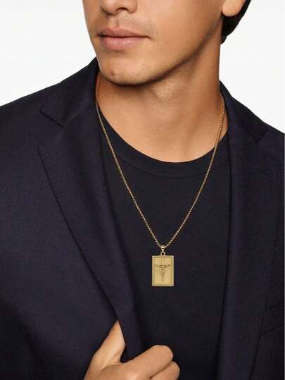 1件复古18K镀金不锈钢项链+方形耶稣十字架吊坠，男女皆宜的基督教元素镀金项链，简约不锈钢项链吊坠，适合男士佩戴，送给男友的合适礼物