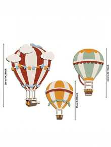 3件套手绘木制热气球墙饰，儿童房装饰，创意热气球墙饰，适用于卧室、客厅 - 彩色 - 查看 8