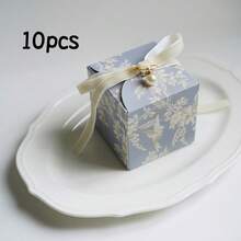 Hộp trang trí đám cưới 10/50/20 chiếc kèm ruy băng nhung, ngọc trai, họa tiết hoa, hộp quà tặng sinh nhật, có thể gấp gọn. - 10 mảnh màu xanh - Xem 9