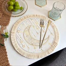 1/4/6pcs Middle East Festival Series Golden Crescent Moon With Vine Patterns & Hanging Golden Stars, Paired With Golden & Yellow Spots Linen Printed Tassel Placemats/Coasters, Elegant Ramadan Moonlight Round Placemats/Coasters, Polyester With Floral Border, Hand Washable - Ideal For Dining Tables - Multicolor - View 5