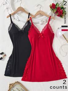 2pcs Women Sleep Dresses Lace Patchwork Bowknot Decor Romantic Side Slit Strap Nightgown Breathable Fabric Stylish Sleepwear For Ladies - 多色-1 - 查看 8