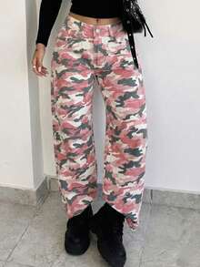 Tall Women's Casual Straight-Leg Jeans With Pocket Details, Extended Length Camouflage Print, Non-Stretch Fabric, Suitable For Everyday Wear. - Pink Camouflage - View 2