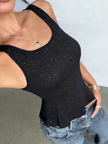 1 Peça Regata Feminina Elegante de Malha Brilhante com Babado, Adequada para Uso Diário, Verão, Praia, Férias, Casa - Preto - Visão 4