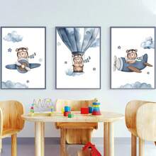 1幅帆布墙画 - 飞熊主题婴儿房装饰：飞机和热气球设计婴儿用品 - 带框幼儿房墙画，非常适合游戏室装饰、幼儿园装饰、男孩房装饰、女孩卧室装饰、儿童房装饰 - 彩色 - 查看 11