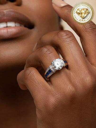 1 pieza Anillo de compromiso de mujer, anillo redondo vintage con pavé azul en los bordes, 5.6g de plata esterlina S925, 2ct de moissanita, estilo palaciego bohemio, para compromiso, propuesta, aniversario de boda, regalo del Día de San Valentín, incluye certificado de moissanita y elegante caja de regalo