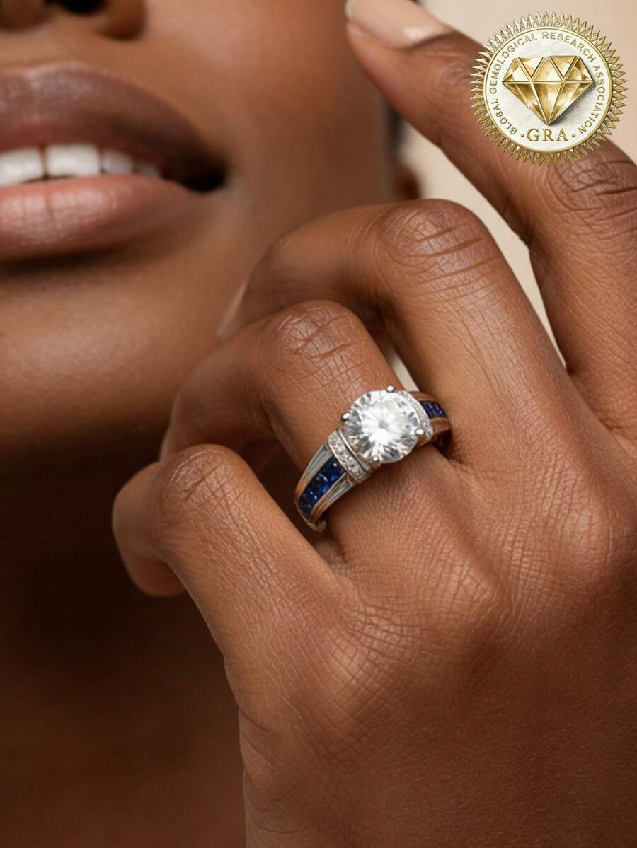 女士订婚戒指，复古全镶蓝边圆形戒指，5.6克S925纯银，2克拉莫桑石，波西米亚宫廷风格，适合订婚、求婚、结婚纪念日、情人节等场合，附赠莫桑石证书和精美礼盒 - 銀色 - 查看 1