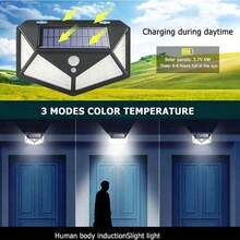 1pc 100 LED Solar Lights, Outdoor Waterproof, Motion Sensor Flood Lights With Remote Control, 3 Modes, Solar Powered, Suitable For Patio, Garage, Backyard, Garden Wall - Black - View 6