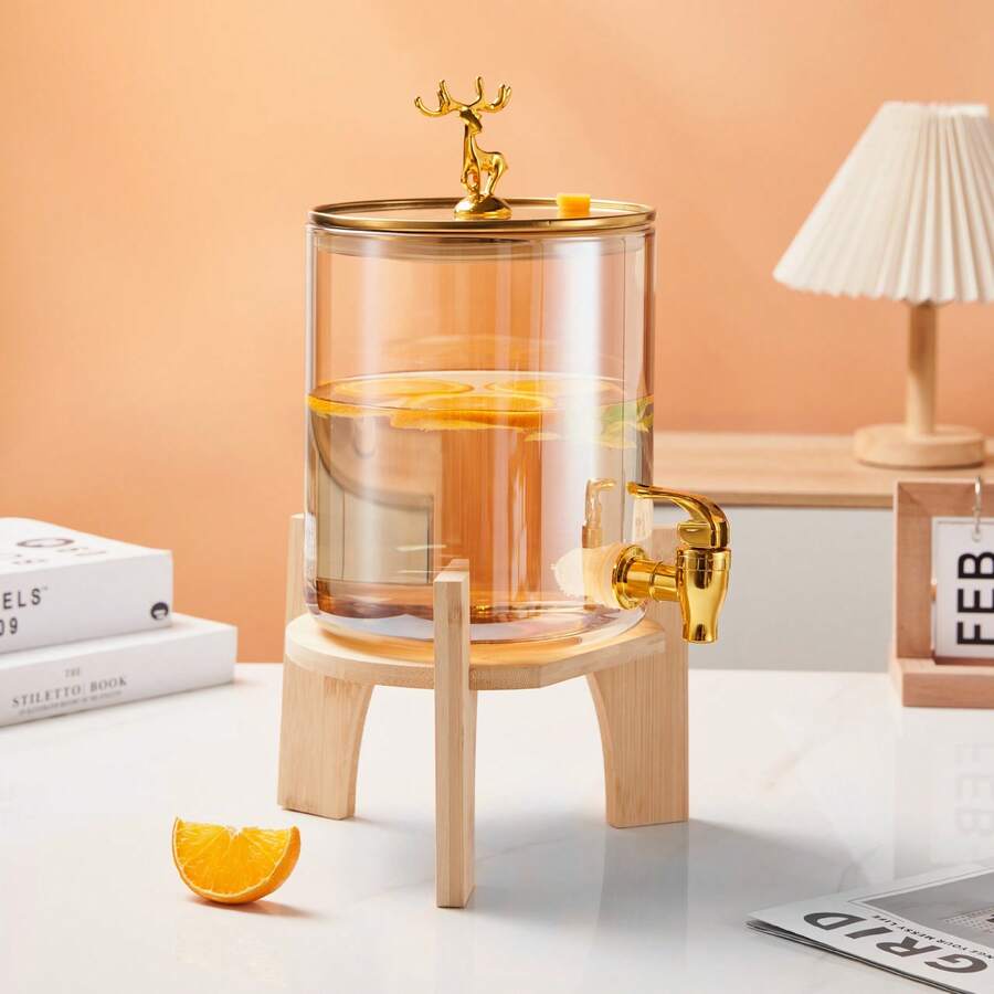 Heat-Resistant Thick Glass Fruit Drink Dispenser, Juice Pitcher, Household Cold Water Pot, Cola Bucket, Cocktail Bucket, Ice-Chilled Sealed - Gold - View 1