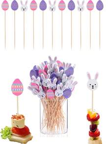 20-Piece/50-Piece Easter Toothpick Set Easter Egg Bunny Bamboo Picks Easter-Themed Design Ideal For Appetizers 4.7-Inch Natural Bamboo Cocktail Picks Perfect For Cakes, Desserts, Fruit, And Easter Party Decorations Birthday Party Decorations - Multicolor - View 1