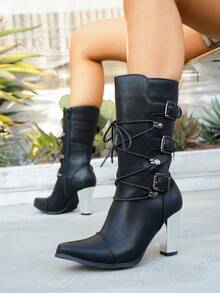 Women's Pointed Toe Mid-Calf Boots, Chunky High Heel Lace-Up Riding Boots - Black - View 3