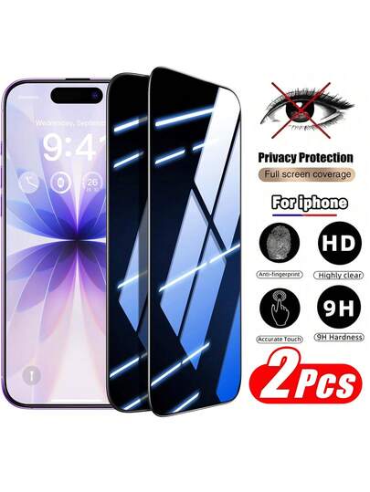 2 piezas de protector de pantalla de vidrio templado con privacidad, compatible con iPhone 17 16 15 14 13 12 11 Pro Max XR X XS Max, anti-espionaje, resistente al agua, anti-caídas, anti-arañazos, adecuado para uso diario, oficina y hogar Accesorios para teléfono