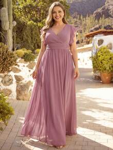 Gaun Bridesmaid Berkerah V, Warna Polos, Pinggang Tinggi, Berlipit, Warna Pink, untuk Pesta Pernikahan Musim Semi/Panas - Dusty Pink - View 7