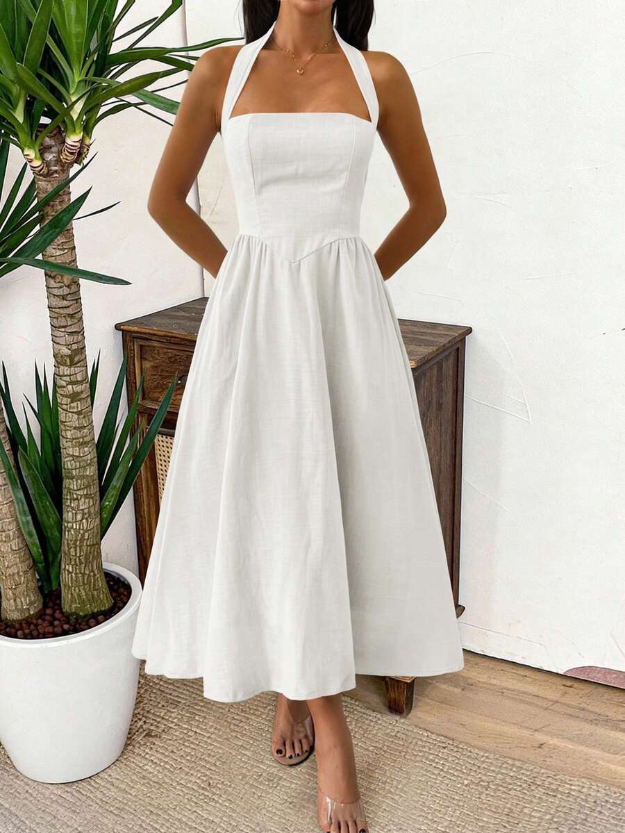 Unadoll 女士春夏连衣裙，露背吊带、拉链和褶裥设计，休闲优雅，是海滩、度假、约会、音乐节、情人节、生日和派对的完美之选。白色 - 白色 - 查看 1