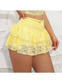 Chân váy xếp ly nhiều lớp, cạp thấp, ren, kiểu dáng dễ thương dành cho nữ, thích hợp cho các bữa tiệc, mua sắm và các buổi tụ họp mùa hè. - Màu vàng - Xem 4