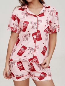 2 Stücke Damen Valentinstag Polka Punkt Schleife Herz Muster Kurzarm Shorts Pyjama Set, romantischer roter Saum Strick Top mit offener Knopfleiste, Elastikbund Hose, geeignet für alle Jahreszeiten als lässige Loungewear - Pink - Übersicht 8