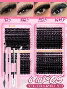800pcs D-Curl High Capacity Individual Lashes Set, Includes Adhesive, Sealant, Makeup Remover, Lash Brush, Tweezers, Creates Soft Natural Fluffy Segmented False Lashes, Suitable For DIY At Home, Daily Wear, Travel, Photography, Parties, Weddings, 10D, 20D, 30D, 40D, 50D, 60D, 80D, 100D Mixed Styles - Black - View 2