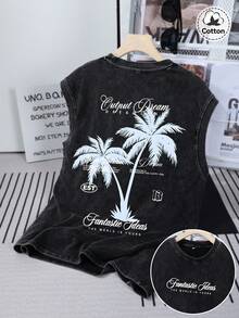 Men's Street Summer Graphic Tank Top, Slightly Stretchy Washed Black Crew Neck Casual Sleeveless Top For Daily Wear & Holiday - Black - View 1