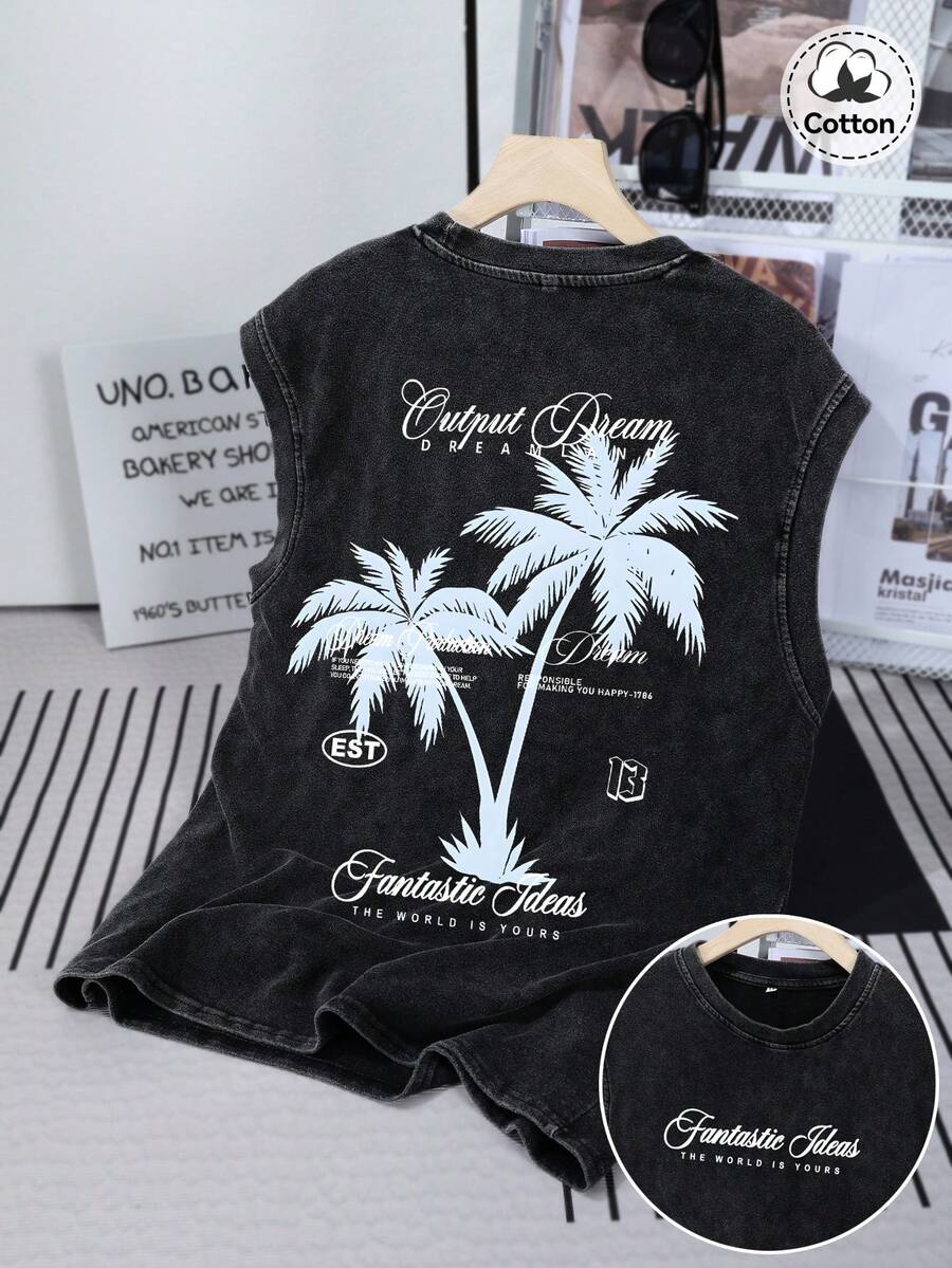 Men's Street Summer Graphic Tank Top, Slightly Stretchy Washed Black Crew Neck Casual Sleeveless Top For Daily Wear & Holiday - Black - View 1